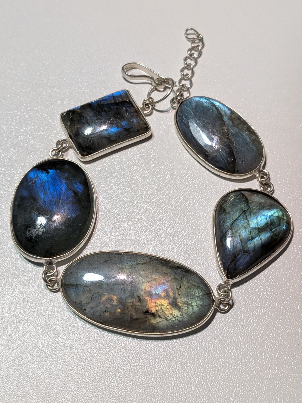 Genuine Natural High Flash Labradorite 925 Sterling Silver Statement Bracelet
